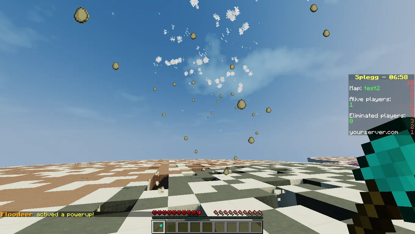 Splegg in Unity — eggs arcing over a checkered arena